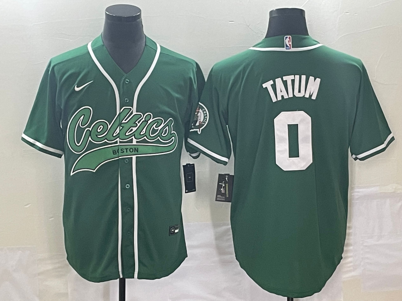 Men's Boston Celtics #0 Jayson Tatum Green With Patch Stitched Baseball Jersey - Click Image to Close