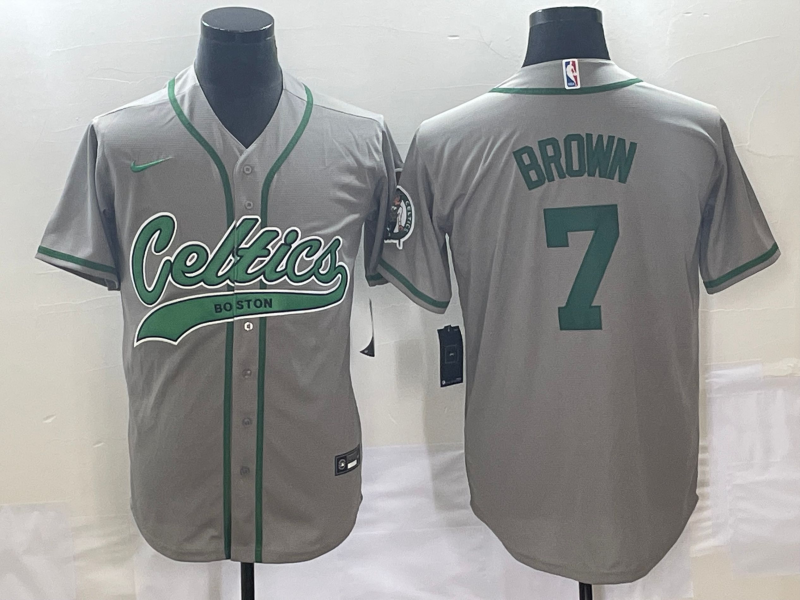 Men's Boston Celtics #7 Jaylen Brown Grey With Patch Stitched Baseball Jersey - Click Image to Close