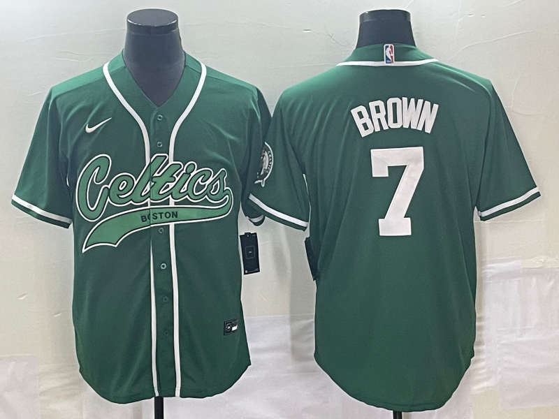 Men's Boston Celtics #7 Jaylen Brown Green With Patch Stitched Baseball Jersey - Click Image to Close