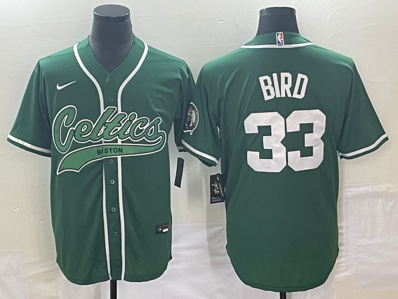 Men's Boston Celtics #33 Larry Bird Green With Patch Stitched Baseball Jersey - Click Image to Close
