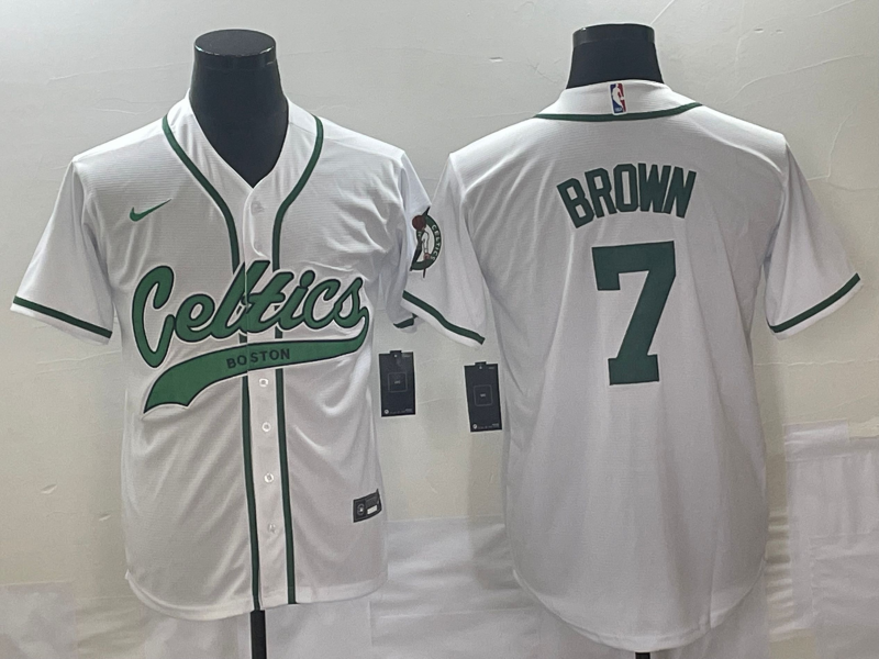 Men's Boston Celtics #7 Jaylen Brown White With Patch Stitched Baseball Jersey - Click Image to Close
