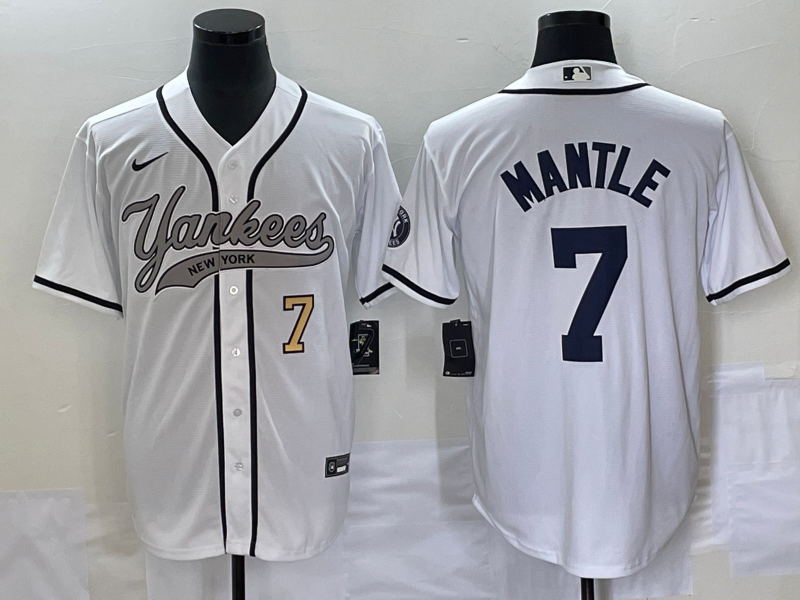 Men's New York Yankees #7 Mickey Mantle Number White With Patch Cool Base Stitched Baseball Jersey - Click Image to Close