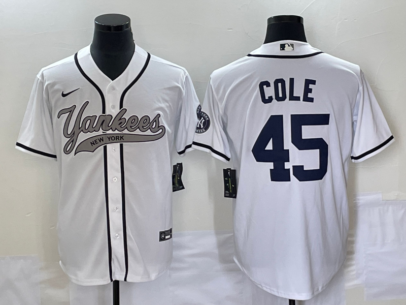 Men's New York Yankees #45 Gerrit Cole White With Patch Cool Base Stitched Baseball Jersey - Click Image to Close