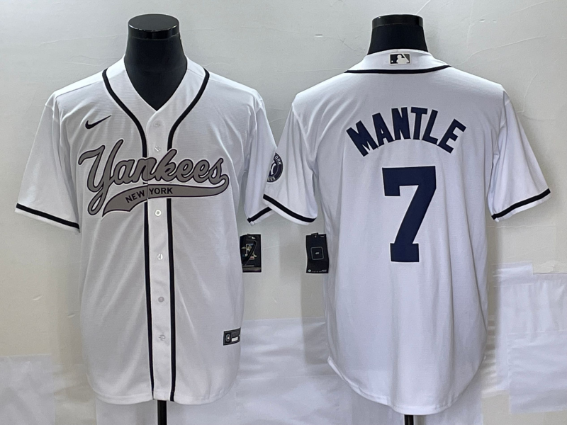 Men's New York Yankees #7 Mickey Mantle White With Patch Cool Base Stitched Baseball Jersey - Click Image to Close