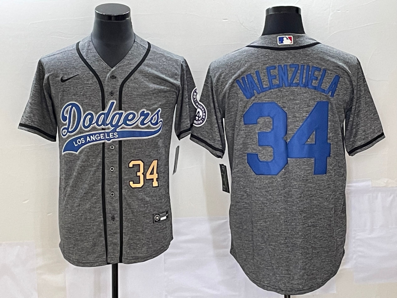Men's Los Angeles Dodgers #34 Fernando Valenzuela Number Grey Gridiron Cool Base Stitched Baseball J