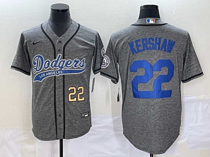 Men's Los Angeles Dodgers #22 Clayton Kershaw Number Grey Gridiron Cool Base Stitched Baseball Jerse
