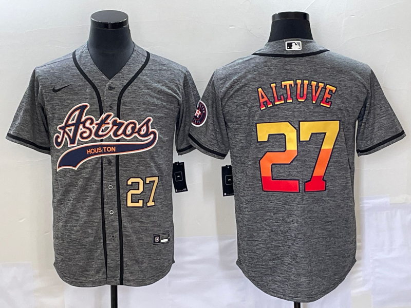 Men's Houston Astros #27 Jose Altuve Number Grey Gridiron Cool Base Stitched Baseball Jersey - Click Image to Close