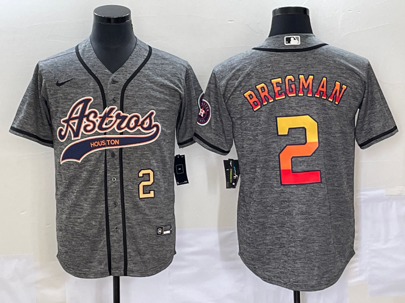 Men's Houston Astros #2 Alex Bregman Number Grey Gridiron Cool Base Stitched Baseball Jersey - Click Image to Close