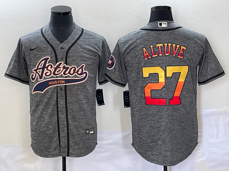 Men's Houston Astros #27 Jose Altuve Grey Gridiron Cool Base Stitched Baseball Jersey - Click Image to Close