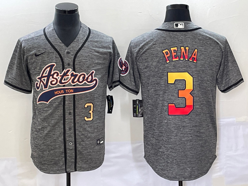 Men's Houston Astros #3 Jeremy Pena Number Grey Gridiron Cool Base Stitched Baseball Jersey - Click Image to Close