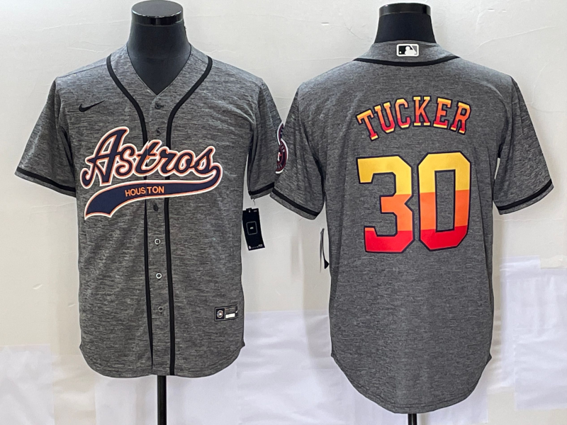 Men's Houston Astros #30 Kyle Tucker Grey Gridiron Cool Base Stitched Baseball Jersey - Click Image to Close