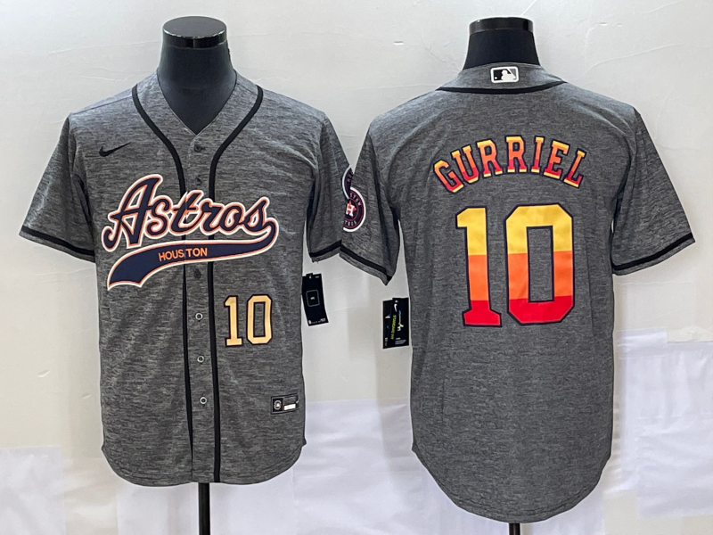 Men's Houston Astros #10 Yuli Gurriel Number Grey Gridiron Cool Base Stitched Baseball Jersey - Click Image to Close