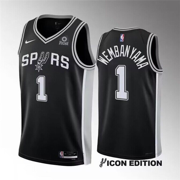 Men's San Antonio Spurs #1 Victor Wembanyama Black 2022-23 Icon Edition Stitched Basketball Jersey - Click Image to Close