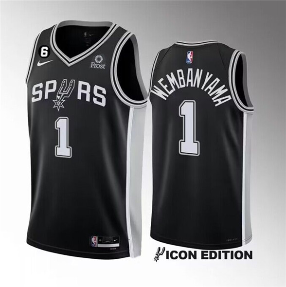Men's San Antonio Spurs #1 Victor Wembanyama Black 2022-23 Icon Edition With NO.6 Patch Stitched Bas - Click Image to Close
