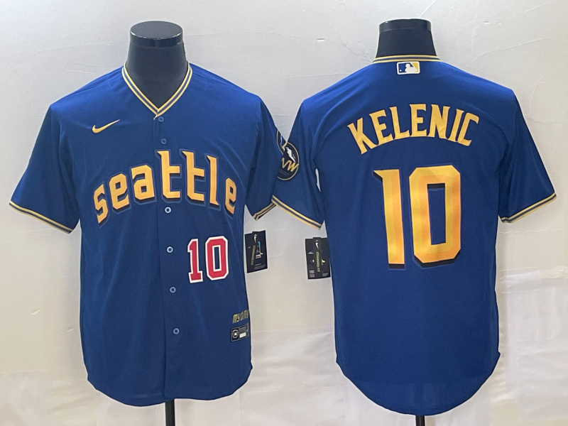 Men's Seattle Mariners #10 Jarred Kelenic Number Blue 2023 City Connect Cool Base Stitched Jersey - Click Image to Close