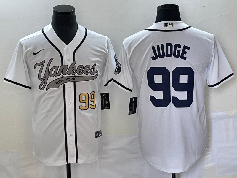 Men's New York Yankees #99 Aaron Judge Number White Cool Base Stitched Baseball Jersey - Click Image to Close