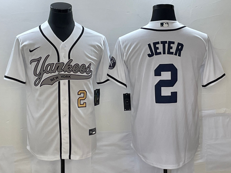Men's New York Yankees #2 Derek Jeter Number White Cool Base Stitched Baseball Jersey