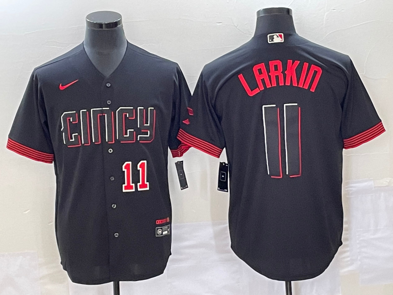 Men's Cincinnati Reds #11 Barry Larkin Number Black 2023 City Connect Cool Base Stitched Jersey - Click Image to Close