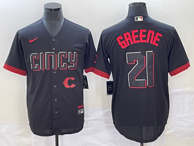 Men's Cincinnati Reds #21 Hunter Greene Black 2023 City Connect Cool Base Stitched Jersey