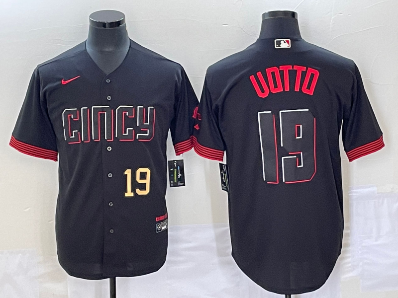 Men's Cincinnati Reds #19 Joey Votto Number Black 2023 City Connect Cool Base Stitched Jersey