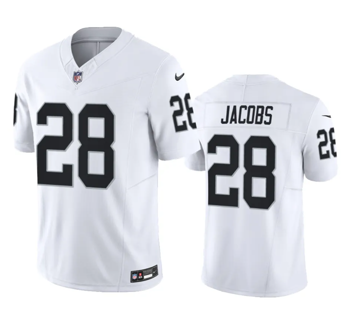 Men's Las Vegas Raiders #28 Josh Jacobs White 2023 F.U.S.E Vapor Untouchable Stitched Football Jerse - Click Image to Close
