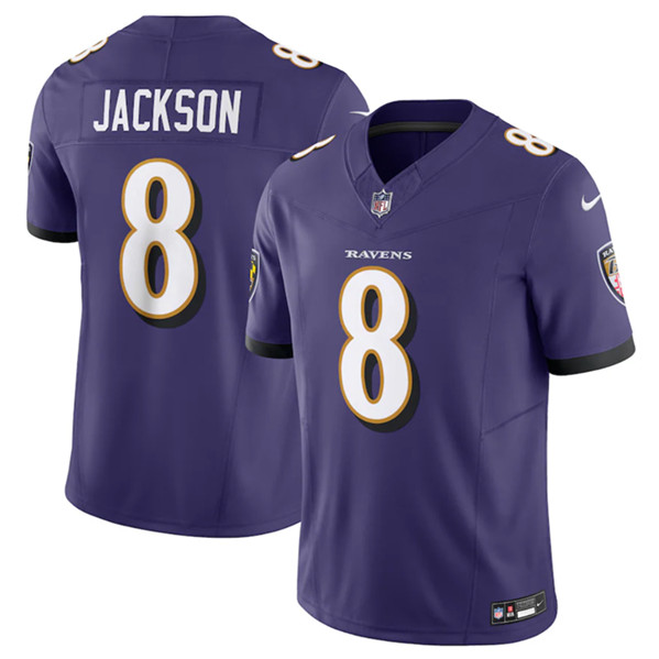 Men's Baltimore Ravens #8 Lamar Jackson Purple 2023 F.U.S.E Vapor Jersey - Click Image to Close