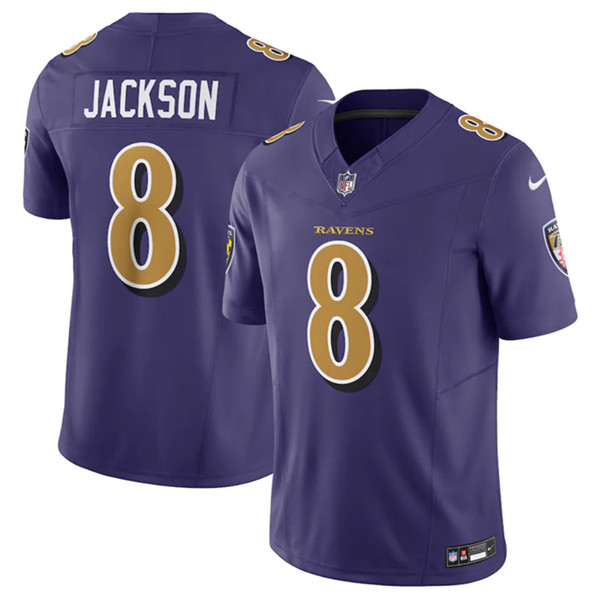 Men's Baltimore Ravens #8 Lamar Jackson Purple 2023 F.U.S.E Coloe Rush Jersey - Click Image to Close