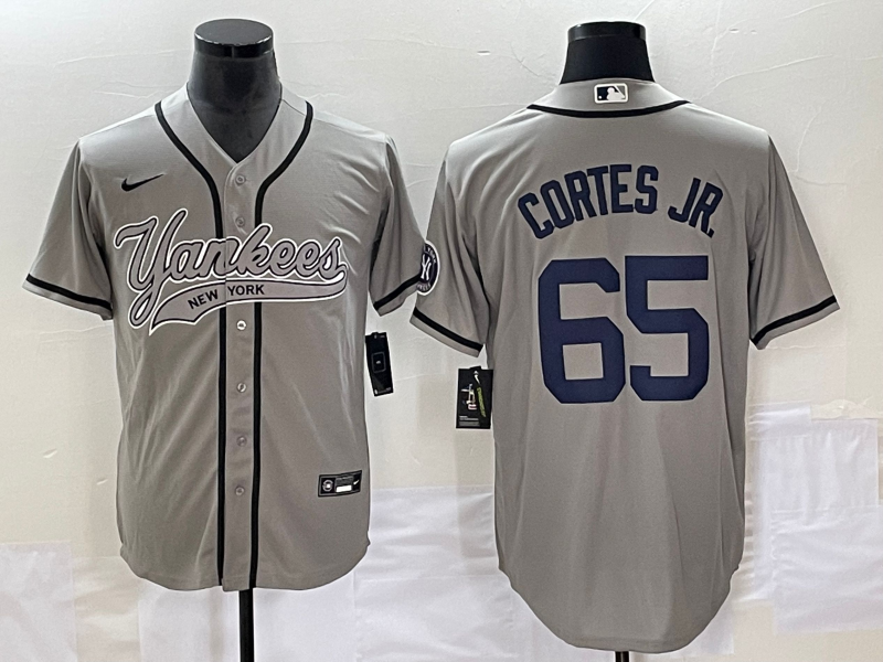 Men's New York Yankees #65 Nestor Cortes Jr Grey With Patch Cool Base Stitched Baseball Jersey - Click Image to Close