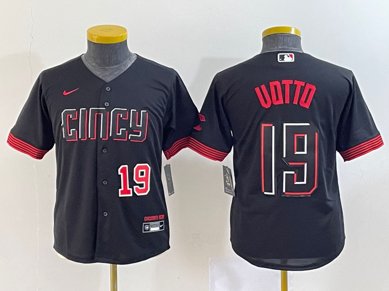 Youth Cincinnati Reds #19 Joey Votto Number Black 2023 City Connect Cool Base Stitched Jersey