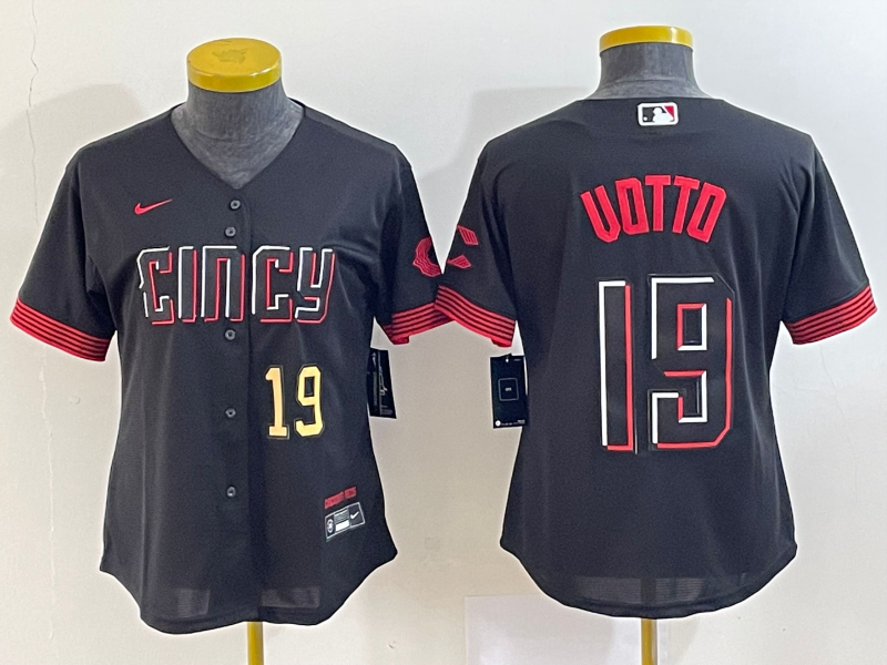 Women's Cincinnati Reds #19 Joey Votto Number Black 2023 City Connect Cool Base Stitched Jersey - Click Image to Close