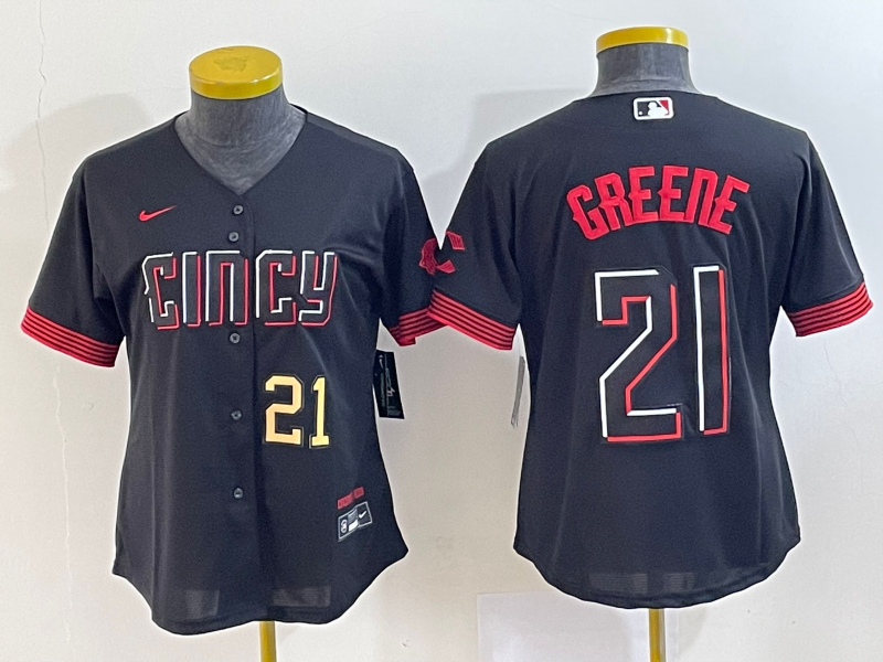 Women's Cincinnati Reds #21 Hunter Greene Number Black 2023 City Connect Cool Base Stitched Jersey - Click Image to Close