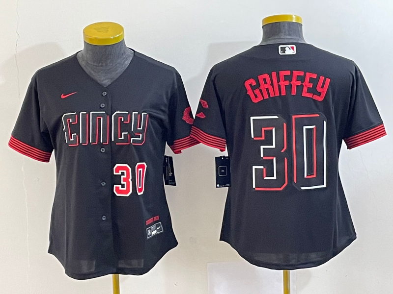 Women's Cincinnati Reds #30 Ken Griffey Jr Number Black 2023 City Connect Cool Base Stitched Jersey - Click Image to Close