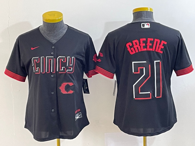 Women's Cincinnati Reds #21 Hunter Greene Black 2023 City Connect Cool Base Stitched Jersey - Click Image to Close