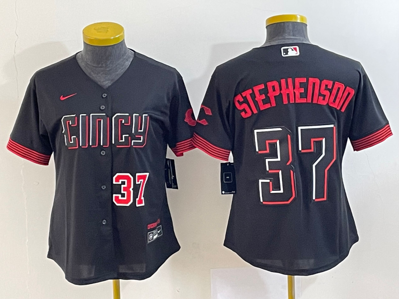 Women's Cincinnati Reds #37 Tyler Stephenson Number Black 2023 City Connect Cool Base Stitched Jerse - Click Image to Close
