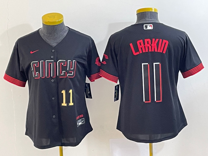 Women's Cincinnati Reds #11 Barry Larkin Number Black 2023 City Connect Cool Base Stitched Jersey - Click Image to Close