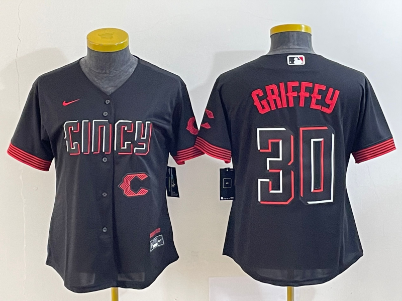 Women's Cincinnati Reds #30 Ken Griffey Jr Black 2023 City Connect Cool Base Stitched Jersey - Click Image to Close