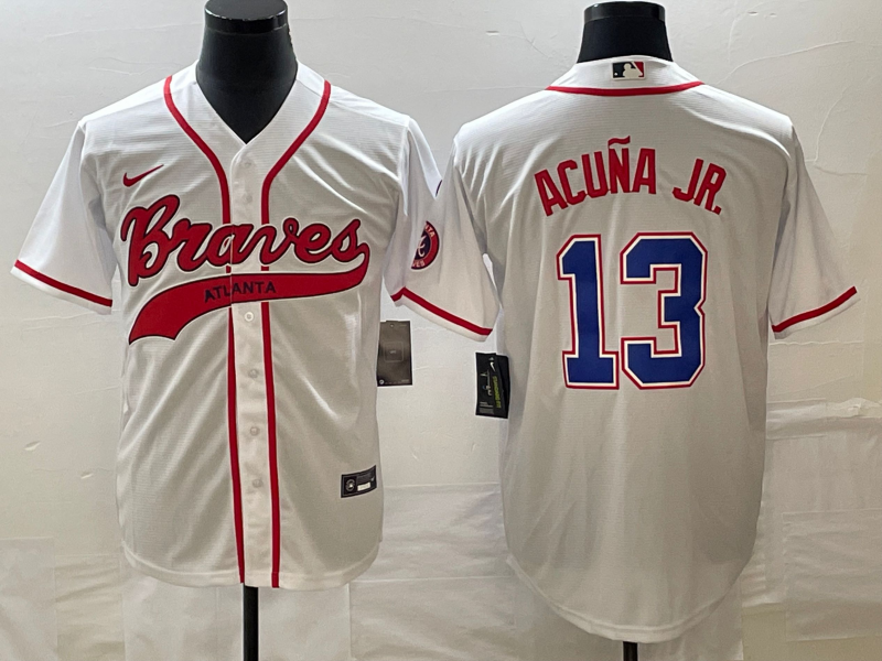 Men's Atlanta Braves #13 Ronald Acuna Jr White Cool Base With Patch Stitched Baseball Jersey1