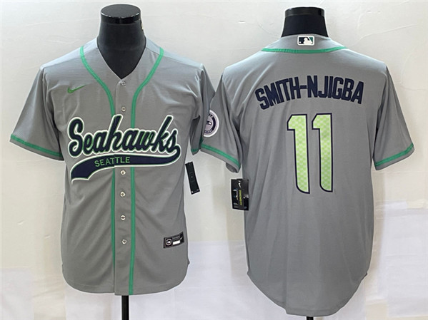Men's Seattle Seahawks #11 Jaxon Smith-Njigba Gray With Patch Cool Base Stitched Baseball Jersey - Click Image to Close