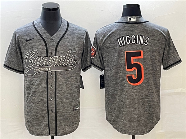 Men's Cincinnati Bengals #5 Tee Higgins Gray With Patch Cool Base Stitched Baseball Jersey