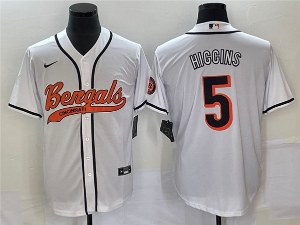 Men's Cincinnati Bengals #5 Tee Higgins White With Patch Cool Base Stitched Baseball Jersey - Click Image to Close