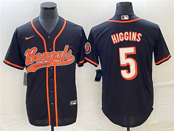 Men's Cincinnati Bengals #5 Tee Higgins Black With Patch Cool Base Stitched Baseball Jersey - Click Image to Close