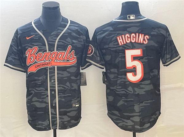 Men's Cincinnati Bengals #5 Tee Higgins Gray Camo With Patch Cool Base Stitched Baseball Jersey - Click Image to Close