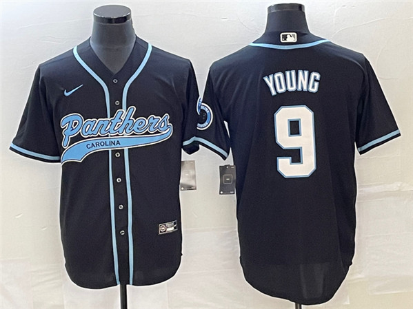 Men's Carolina Panthers #9 Bryce Young Black With Patch Cool Base Stitched Baseball Jersey - Click Image to Close