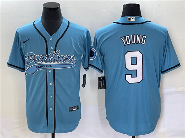 Men's Carolina Panthers #9 Bryce Young Blue With Patch Cool Base Stitched Baseball Jersey - Click Image to Close