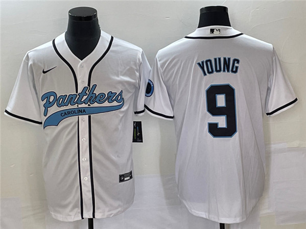 Men's Carolina Panthers #9 Bryce Young White With Patch Cool Base Stitched Baseball Jersey - Click Image to Close