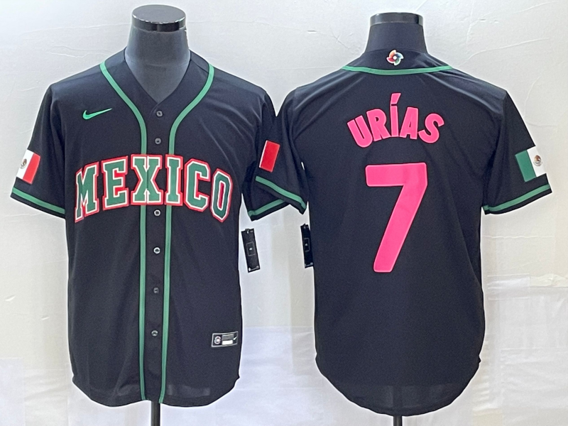Men's Mexico Baseball #7 Julio Urias 2023 Black Pink World Classic Stitched Jersey - Click Image to Close