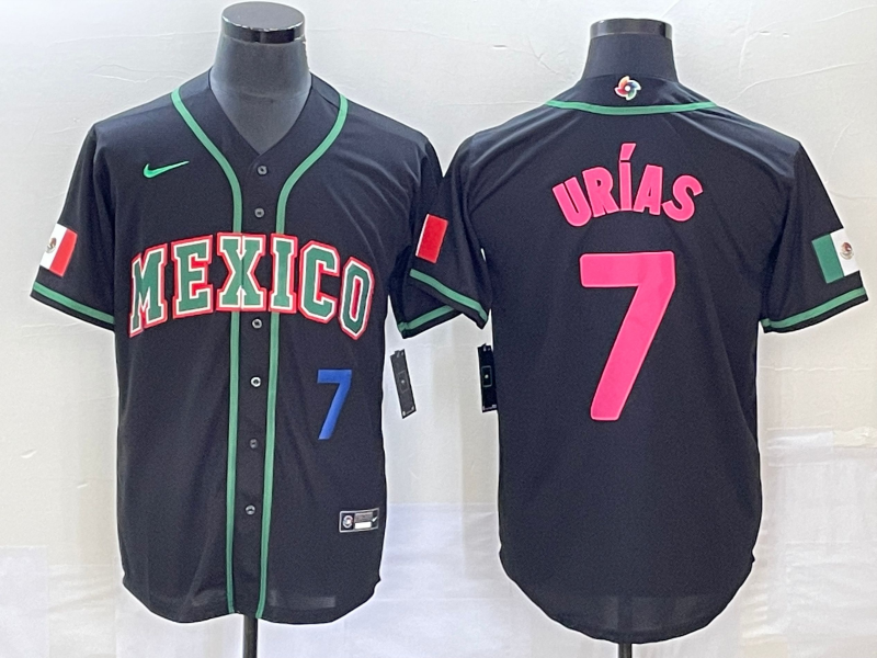 Men's Mexico Baseball #7 Julio Urias Number 2023 Black Pink World Classic Stitched Jersey - Click Image to Close