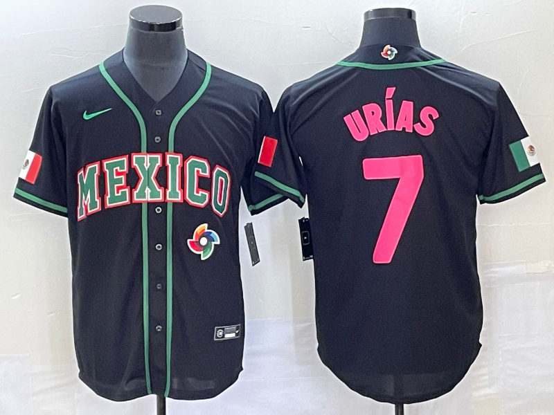Men's Mexico Baseball #7 Julio Urias 2023 Black Pink World Classic Stitched Jersey1 - Click Image to Close