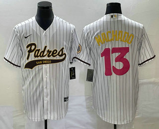 Men's San Diego Padres #13 Manny Machado White Pinstripe 2023 City Connect Cool Base Stitched Jersey - Click Image to Close