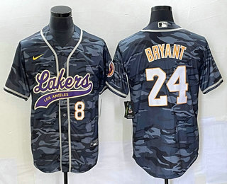 Men's Los Angeles Lakers #8 #24 Kobe Bryant Black Camo With Patch Cool Base Stitched Baseball Jersey - Click Image to Close